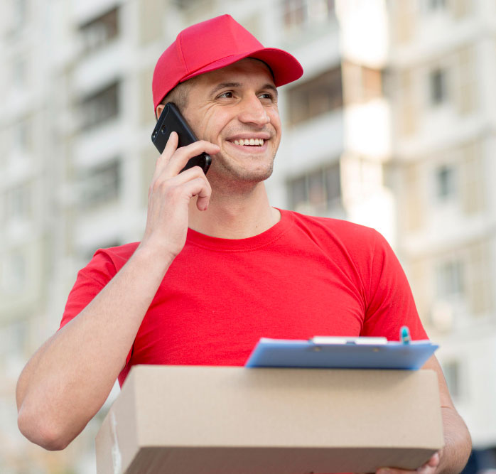 happy delivery team with truck